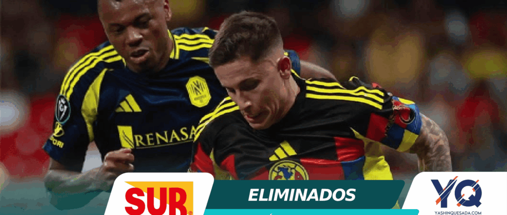 Two soccer players in yellow-and-black jerseys contest the ball during a match, with a teal banner at the bottom reading 'ELIMINADOS' and a SUR logo visible in the foreground.