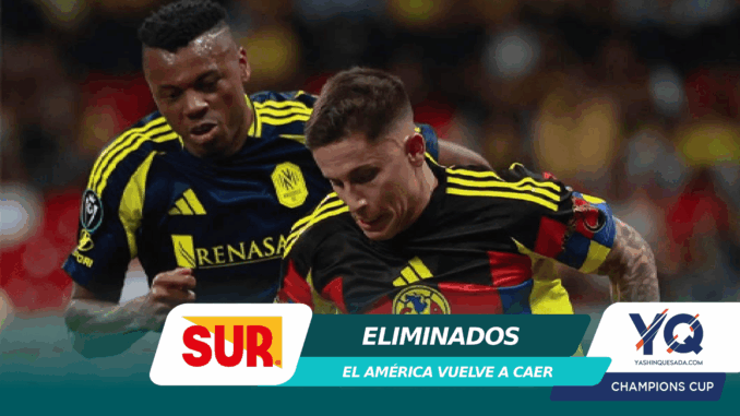 Two soccer players in yellow-and-black jerseys contest the ball during a match, with a teal banner at the bottom reading 'ELIMINADOS' and a SUR logo visible in the foreground.