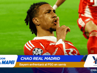 Soccer player in a red jersey making a shushing gesture on the pitch; bottom banner reads 'CHAO REAL MADRID' and 'Bayern enfrentará al PSG en semis'.