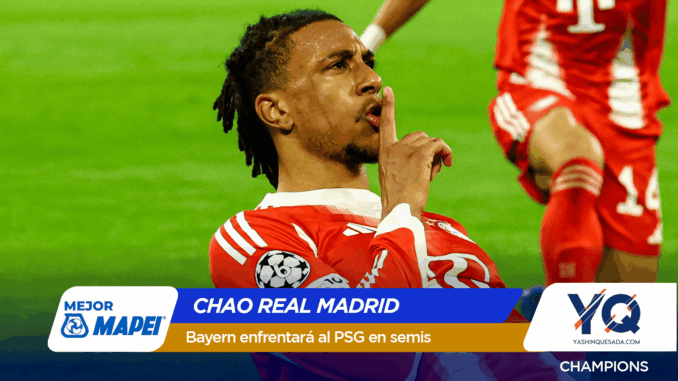 Soccer player in a red jersey making a shushing gesture on the pitch; bottom banner reads 'CHAO REAL MADRID' and 'Bayern enfrentará al PSG en semis'.
