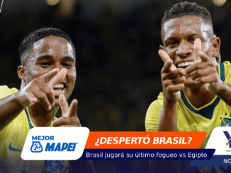 Two Brazilian soccer players in yellow jerseys celebrate and point at the camera, with an orange banner reading '¿DESPERTÓ BRASIL?' and sponsor logos overlay.