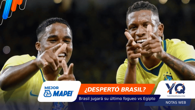 Two Brazilian soccer players in yellow jerseys celebrate and point at the camera, with an orange banner reading '¿DESPERTÓ BRASIL?' and sponsor logos overlay.