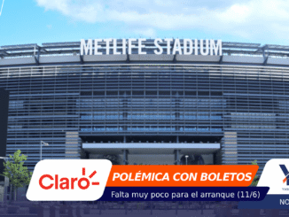 Front view of MetLife Stadium with a large METLIFE STADIUM sign and modern façade, with colorful graphic overlays at the bottom left.