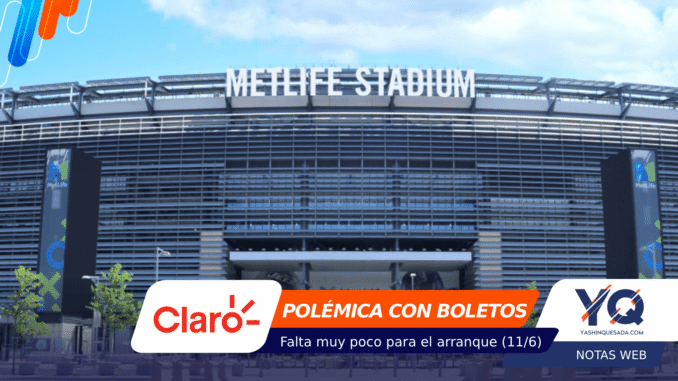Front view of MetLife Stadium with a large METLIFE STADIUM sign and modern façade, with colorful graphic overlays at the bottom left.