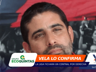 Close-up of a man's face on a promotional banner with bold orange and blue overlays and logos, including 'VELA LO CONFIRMA' and 'LA LIGA FICHARÁ UN CENTRAL POR DERECHA'