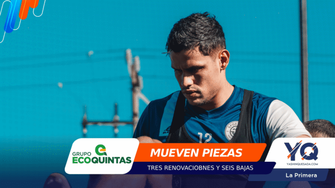 Male soccer player in a blue jersey looking down, wearing a black training bib, with colorful sponsor banner at the bottom and logos for Grupo EcoQuintas and YQ visible, and banner text 'MUEVEN PIEZAS' with 'TRES RENOVACIONES Y SEIS BAJAS'