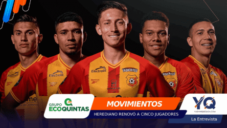 Five soccer players in red-and-yellow uniforms pose together against a dark background, with colorful banners and a bold orange MOVIMIENTOS banner across the bottom.