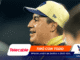 Athlete in a yellow cap facing left with colorful overlay graphics and sponsor logos on a dark banner background (Telecable, YQ).