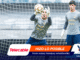 Two soccer goalkeepers in gray uniforms stand inside the goal net, one reaching for a ball, with sponsor banners across the bottom of the image