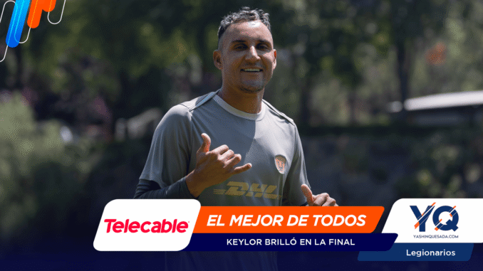 Soccer player running outdoors with sponsor banners and a headline about Keylor shining in the final (Telecable and YQ logos visible).