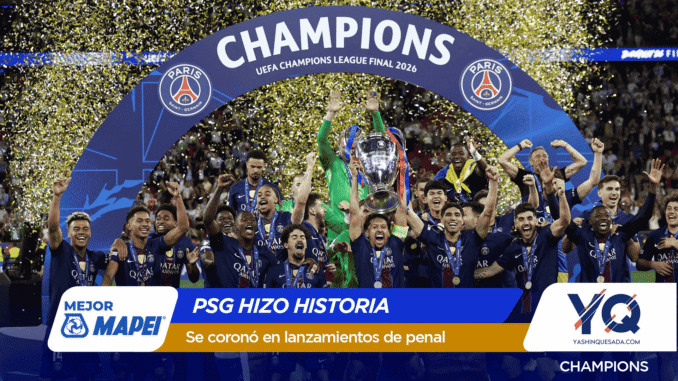 Paris Saint-Germain players celebrate the UEFA Champions League title on stage with trophy and confetti under a large 'CHAMPIONS' banner.