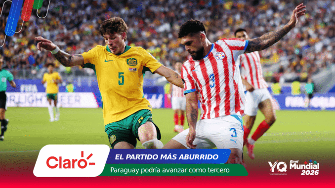 Two soccer players compete for the ball in a crowded stadium, with colorful banners and Claro/Mundial 2026 branding along the bottom of the image.