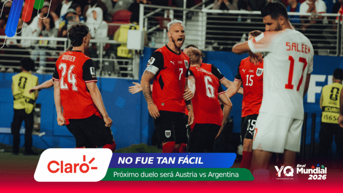 Soccer players in red celebrate on the field as fans cheer in the stands, with a colorful promotional banner in the foreground reading 'No Fue Tan Facil' and 'Claro' logo.