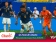 Soccer match in progress with players in blue and orange uniforms, foregrounded by a central player wearing number 19, and promotional graphics at the bottom reading 'Un final de infarto'.