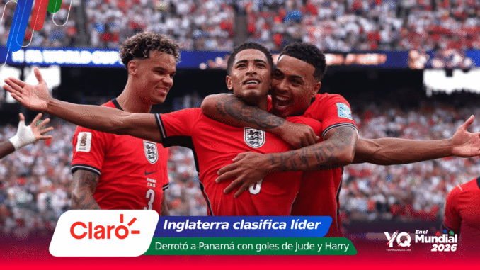 Three England footballers in red jerseys celebrate a goal on the pitch as a packed stadium cheers in the background.