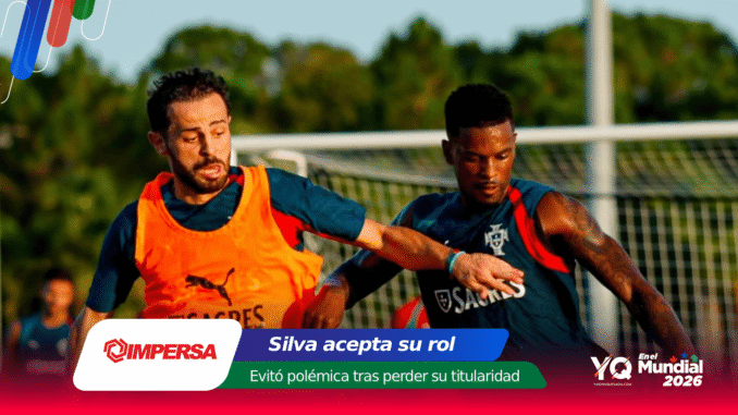 Two soccer players competing for the ball on a sunny field, one in an orange bib and the other in a dark jersey; banners overlay the bottom area.