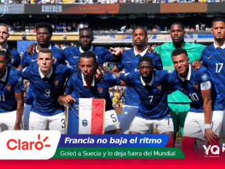 France national football team posing for a group photo on the pitch in blue jerseys with a stadium crowd in the background, after a match.