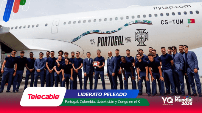 Group of Portuguese football players in navy outfits posing together on a runway beside a white airplane with 'It's PORTUGAL TIME' graphics and the Portuguese flag.