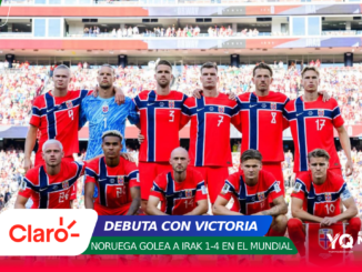 Norwegian football team in red-blue jerseys posing for a group photo on a stadium pitch, with a cheering crowd and colorful sponsor banners overlay.
