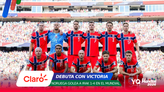 Norwegian football team in red-blue jerseys posing for a group photo on a stadium pitch, with a cheering crowd and colorful sponsor banners overlay.