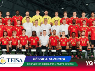 Belgian national football team posing for a full group photo in red home kits and yellow goalkeepers inside a stadium.