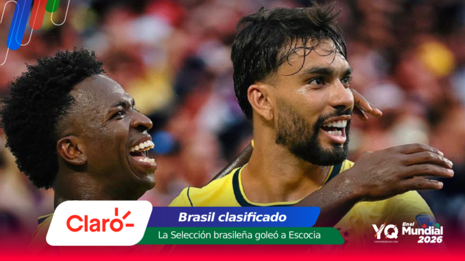 Two Brazilian football players celebrate a goal on the field, smiling with their arms around each other; foreground features Claro logo and colorful headline graphics