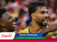 Two Brazilian football players celebrate a goal on the field, smiling with their arms around each other; foreground features Claro logo and colorful headline graphics