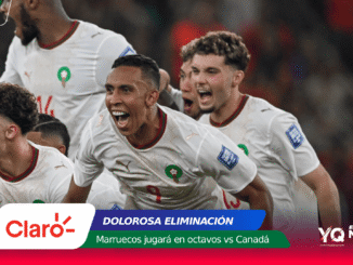 Morocco national football team players in white kits celebrate on the pitch, faces joyful and shouting.