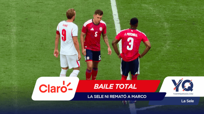 Three soccer players stand on a green pitch near a white line, two in red uniforms and one in white, with sponsor banners overlapping the lower edge of the image.