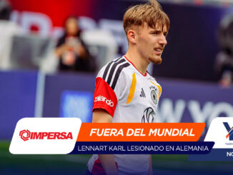 Soccer player in a German jersey on the field with an orange banner reading 'FUERA DEL MUNDIAL' and sponsor logos overlapping the image.