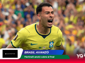 Brazilian footballer in yellow jersey celebrating a goal, crowd in the background, with 'BRASIL AVANZÓ' overlay text.