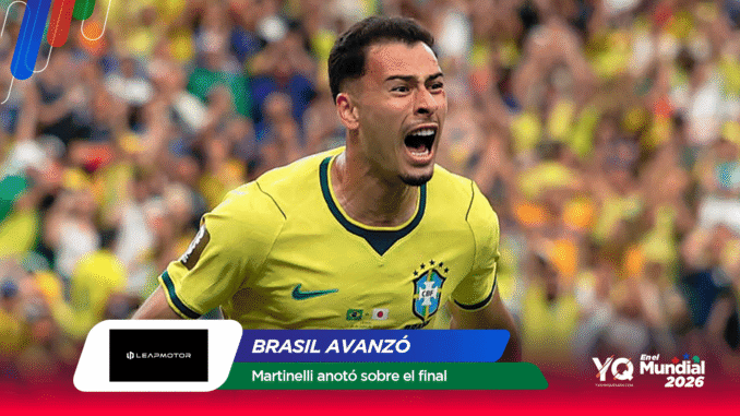 Brazilian footballer in yellow jersey celebrating a goal, crowd in the background, with 'BRASIL AVANZÓ' overlay text.