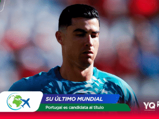 Soccer player in a blue jersey on the field with a bold banner at the bottom announcing that Portugal is a title contender in the Mundial 2026 coverage.