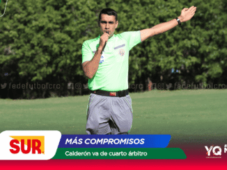 Male soccer referee in a neon green shirt blows a whistle and points with his right arm extended on a grassy field, with sponsor banners in the foreground.