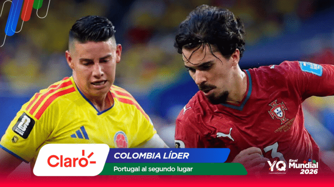 Two soccer players, one in a Colombia yellow jersey and the other in Portugal red, contest the ball in action on the field with sponsor banners overlaying the image.