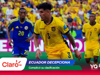 Ecuadorian soccer player in yellow (number 3) dribbles the ball during a match, with a blue-clad opponent and a yellow-clad crowd in the background, plus sponsor banner.