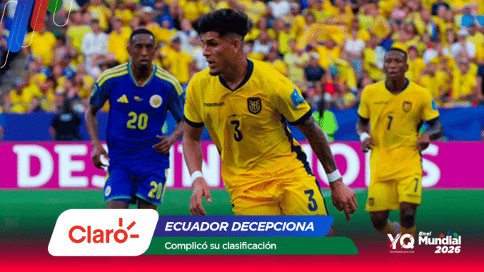 Ecuadorian soccer player in yellow (number 3) dribbles the ball during a match, with a blue-clad opponent and a yellow-clad crowd in the background, plus sponsor banner.