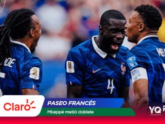 Three French football players in blue jerseys celebrate on the pitch, backs to the camera, faces lit with smiles amid a blurred crowd and sponsor banners at the bottom.
