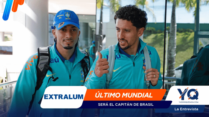 Two Brazil national football team players in turquoise jackets with backpacks arrive at a venue, with a bold, colorful news banner overlaid across the bottom edge.