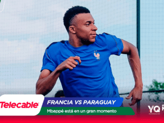 Athlete in a blue jersey running; banner reads Francia vs Paraguay with Telecable logo.