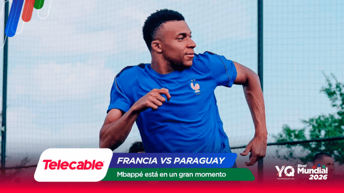 Athlete in a blue jersey running; banner reads Francia vs Paraguay with Telecable logo.