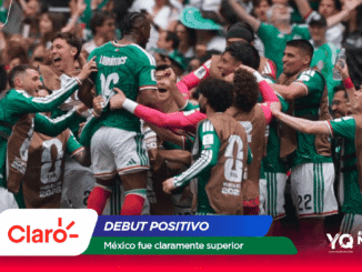 Mexico national football team celebrates a goal in green jerseys as fans cheer in the background, with event branding at the bottom.