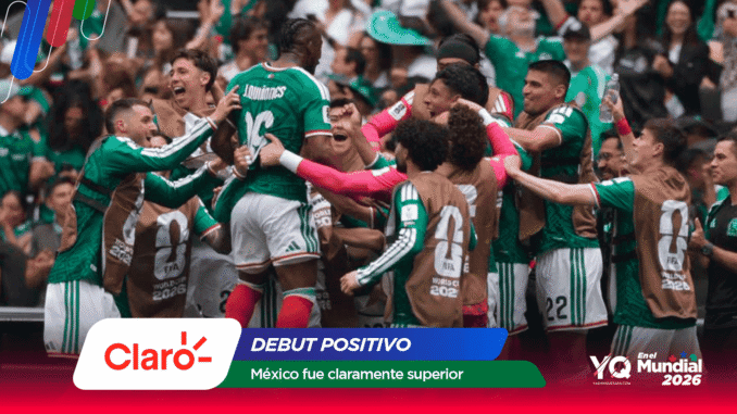 Mexico national football team celebrates a goal in green jerseys as fans cheer in the background, with event branding at the bottom.
