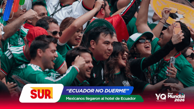 Energetic crowd of sports fans wearing green, cheering and raising their arms at a stadium; SUR logo and Ecuador banners visible at the bottom.