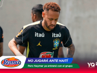 Brazil national footballer in a black training kit with Itaú logo, looking down; colorful news banners overlay at bottom saying 'NO JUGARÁ ANTE HAITÍ' and 'Pero Neymar ya entrenó con el grupo'.