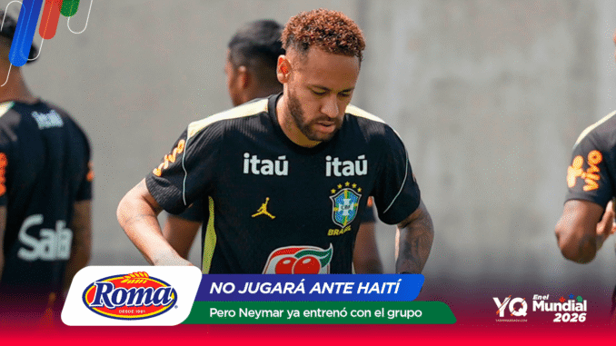 Brazil national footballer in a black training kit with Itaú logo, looking down; colorful news banners overlay at bottom saying 'NO JUGARÁ ANTE HAITÍ' and 'Pero Neymar ya entrenó con el grupo'.