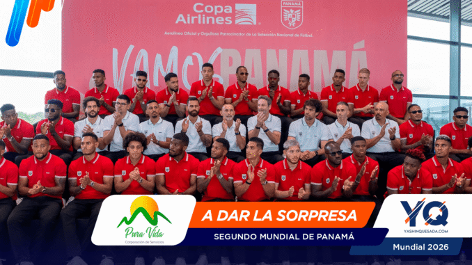 Group of men in red polo shirts and light-blue shirts posing on bleachers at a Panama Copa Airlines event, with a pink backdrop that says 'Vamos Panamá'.