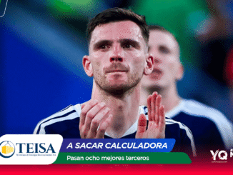 Athlete in blue jersey clapping on a field, with colorful sponsor banner featuring TEISA and Mundial 2026 at the bottom.