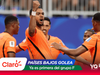 Dutch soccer players in orange celebrate on the field; central player raises a fist as teammates surround him, with banner text 'PAÍSES BAJOS GOLEA' and 'Ya es primera del grupo F'.