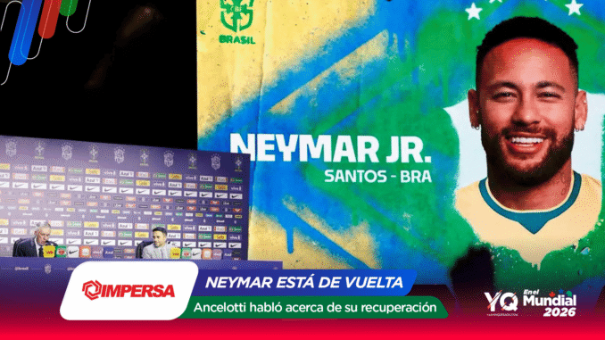 Brazilian footballer Neymar Jr. smiling in front of a colorful mural, with a press-conference backdrop announcing his return to Santos, BRA.
